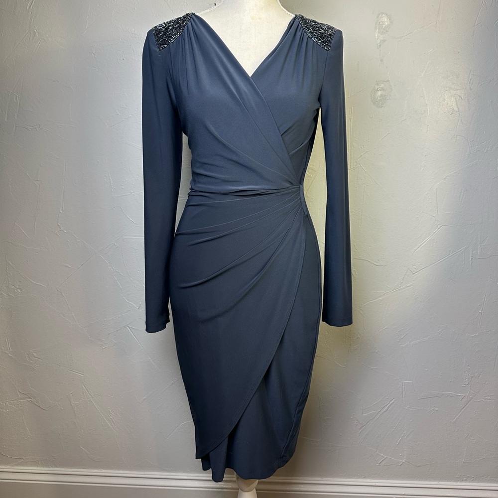NWT Vintage Cache Gray Drape Wrap Sheath Sequin Shoulder Formal Midi Dress